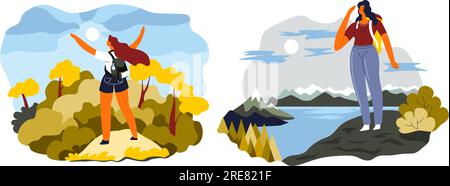 Adventure of travelers, hiking and walking, climbing and enjoying view from top. Thrill from scene on peak, nature and extreme sports. Summer activiti Stock Vector