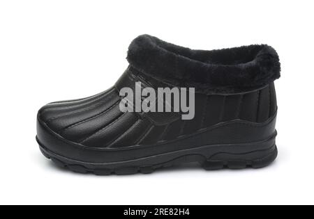 Side view of black low rubber boot with faux fur isolated on white Stock Photo