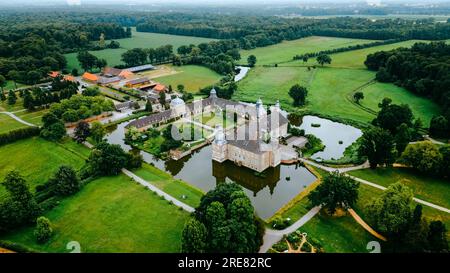 Aerial drone view medieval castle Lembeck, Nordrhein westfalen, Germany in summer day. Stock Photo