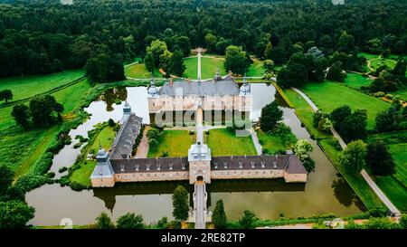 Aerial drone view medieval castle Lembeck, Nordrhein westfalen, Germany in summer day. Stock Photo
