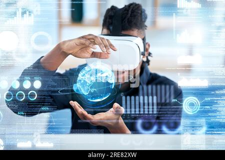 Virtual reality, hologram and global business man review statistics, cyber administration or AI software. UI overlay, future economy metaverse and Stock Photo