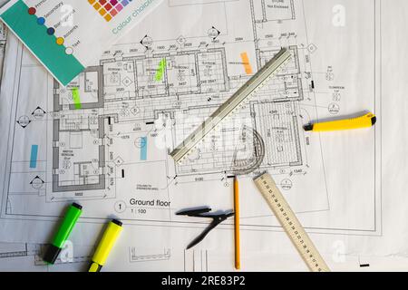 Close up of architecture project of building over design equipment Stock Photo
