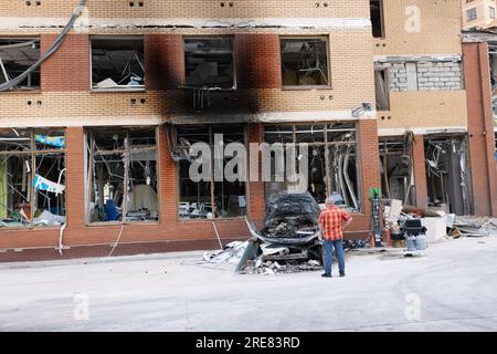 ODESSA, UKRAINE -July14, 2023: War in Ukraine. Destroyed civilian building after rocket attack. Ruins war against Ukraine. Russian special military op Stock Photo