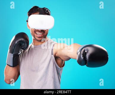 Boxer man virtual reality glasses and studio with punch power and