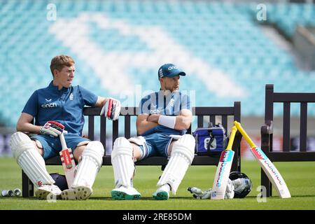 England's Zak Crawley (left) and Joe Root during a nets session ahead of the fifth LV= Insurance Ashes Series test match at The Kia Oval, London. Picture date: Wednesday July 26, 2023. Stock Photo