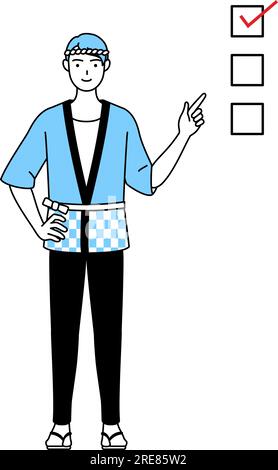 Man wearing Happi coat for summer festivals pointing to a checklist ...