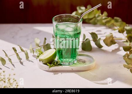 Aesthetic citrus healthy tarragon detox sparkling cocktail. Non alcoholic vitaminized healthy beverage. Green Mocktail for St. Patricks Day Stock Photo