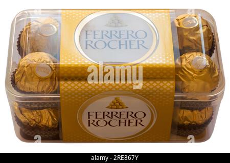 Box of Ferrero Rocher chocolates isolated on white background - whole hazelnut in milk chocolate and nut croquante Stock Photo