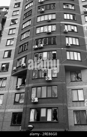 ODESSA, UKRAINE -July14, 2023: War in Ukraine. Destroyed civilian building after rocket attack. Ruins war against Ukraine. Russian special military op Stock Photo