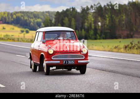 Red Borgward Lloyd Alexander TS classic compact car on Borgward Car Club Finland Annual Drive 2023. Salo, Finland. July 22, 2023 Stock Photo