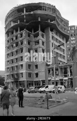 ODESSA, UKRAINE -July14, 2023: War in Ukraine. Destroyed civilian building after rocket attack. Ruins war against Ukraine. Russian special military op Stock Photo