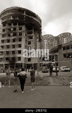 ODESSA, UKRAINE -July14, 2023: War in Ukraine. Destroyed civilian building after rocket attack. Ruins war against Ukraine. Russian special military op Stock Photo