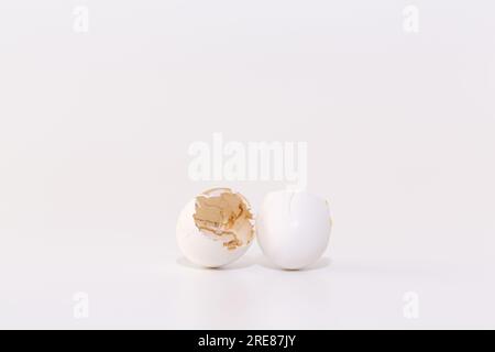 Broken eggshells showing a brown egg inside on white background representing growth concept. Stock Photo