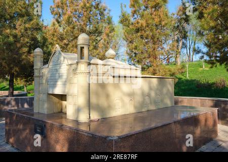 A view of the Nogai Ishan Mosque. A diorama, model recreation at the Ethno Historic Complex in Shymkent, Kazakhstan. Stock Photo