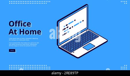 Office at home banner. Remote work concept. Vector landing page of home freelance using notebook, distant business with isometric illustration of laptop on blue background Stock Vector