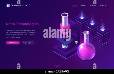 Nano technologies isometric landing page, electronic microscope, glass lab flask with pink liquid and neon glow processors in chemical laboratory, biotechnology science, research. 3d vector web banner Stock Vector