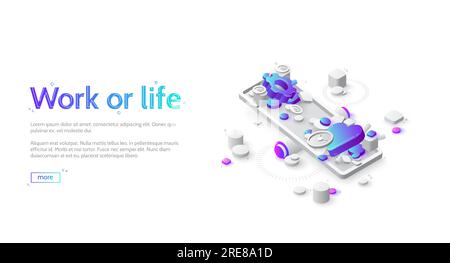 Work or life balance isometric landing page. Heart and gears lying on scales. Choice between job or house, career or family, business or love, finace stability and soul peace, 3d vector web banner Stock Vector