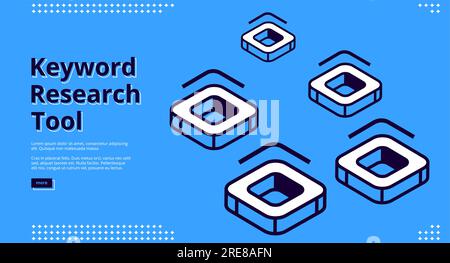 Keyword research tool isometric landing page with square shape abstract icons with rounded corners and cavity in center. Seo optimization, analysis servic,e 3d vector illustration, line art web banner Stock Vector