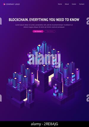 Blockchain technology in smartcity isometric landing page. Smart city community with data centers, servers and crypto block chain buildings, neon glow skyscrapers, cryptocurrency, 3d vector web banner Stock Vector