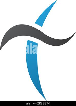 Blue and Black Curvy Sword Shaped Letter T Icon on a White Background Stock Vector