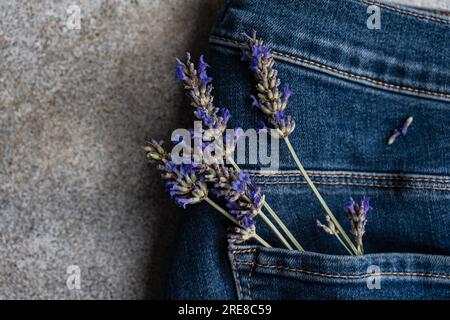 Classic blue jeans with lavender flowers Stock Photo