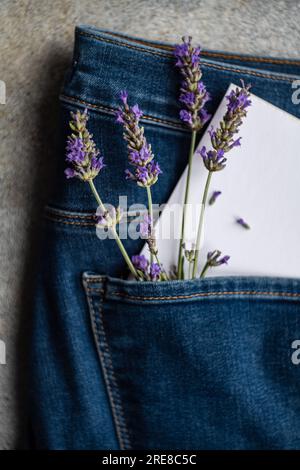 Classic blue jeans with lavender flowers Stock Photo