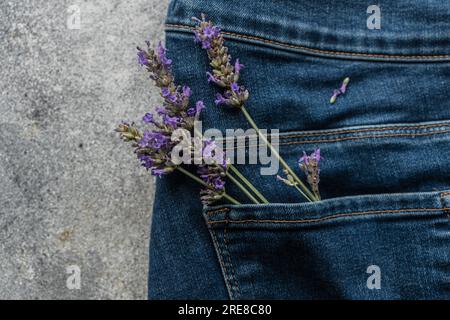 Classic blue jeans with lavender flowers Stock Photo