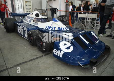 6 May 2018: Historic 1977 F1 Tyrrell P34 ex Ronnie Peterson during Minardi Historic Day 2018 in Imola Circuit in Italy. Stock Photo