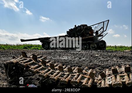 NOVODARIVKA, UKRAINE - JULY 21, 2023 - A destroyed Russian military vehicle is pictured in Novodarivka village, Zaporizhzhia Region, southeastern Ukra Stock Photo