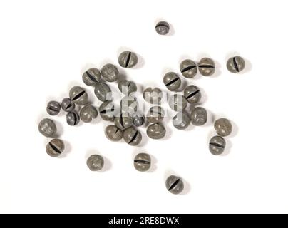 Split shot lead weights for fishing, isolated on white background Stock Photo