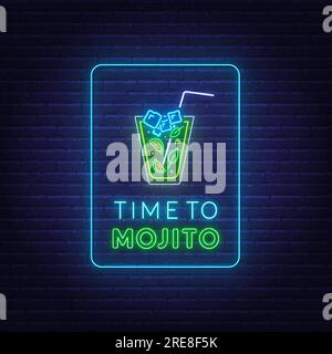 Time to mojito neon lettering on brick wall background Stock Vector