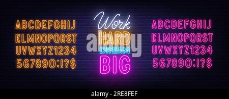 Work Hard Dream Big neon lettering on brick wall background. Pink and yellow neon alphabets Stock Vector