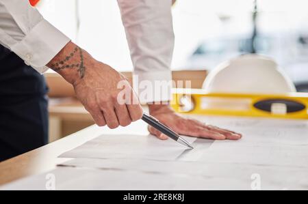 Hands, architecture and pen for drawing blueprint, project illustration or engineering process. Closeup, man or designer at documents, floor plan or Stock Photo