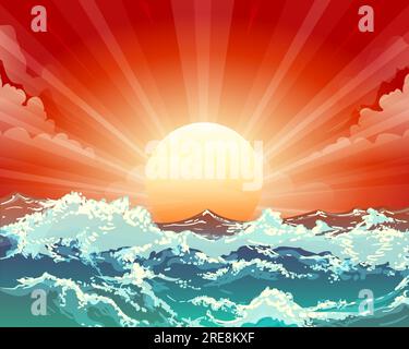Seascape with stormy ocean evening sun and red skies. Vector illustration Stock Vector