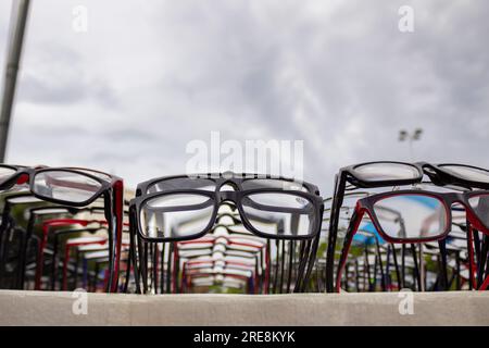 Goiania, Goias, Brazil – June 25, 2023: Some glasses on display for sale during an outdoor public event. Stock Photo