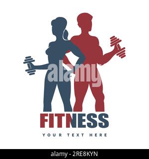 Fitness club logo or emblem. Strong Woman and Man Silhouettes Holds Dumbbells. Isolated on white background. Stock Vector