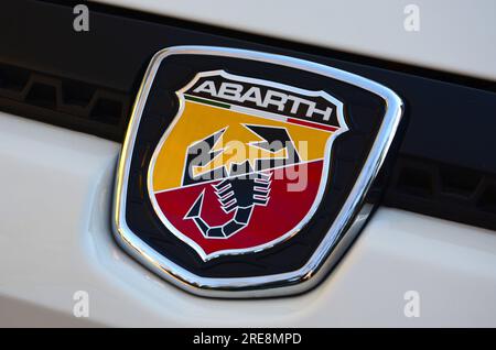 Florence, ITALY - 3 March, 2019: Detail of ABARTH Logo on a white Fiat Punto Evo Abarth. Stock Photo