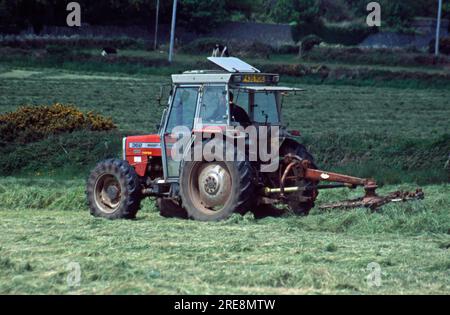 Tractor turning and drying silage in a field in Derbyshire England Stock Photo