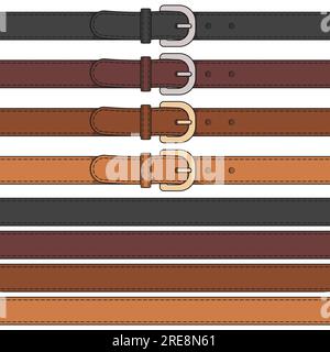 Set of color illustration of leather belt with buckle. Isolated vector object on white background. Stock Vector