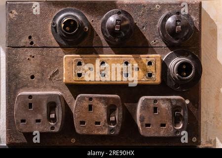 Close-up view of the vintage switch buttons and sockets. Stock Photo