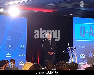 Washington DC, 20004. July 25, 2023. Former US Secretary of State Mike Pompeo, US Presidential Candidate seeking the Republican nomination in the current election cycle, addresses members of the 2023 Young America’s Foundation in Washington DC.  Credit: ©Julia Mineeva/EGBN TV News/Alamy Live News Stock Photo