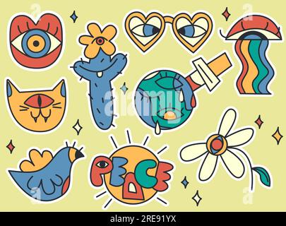 Peaceful stickers set in retro groovy style Stock Vector