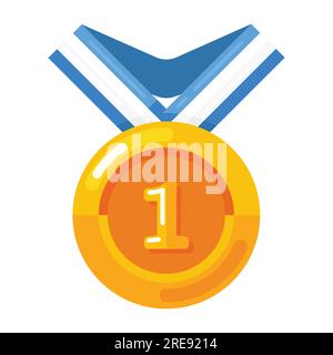 Gold medal with blue ribbon. first prize or award in sports. vector illustration Stock Vector