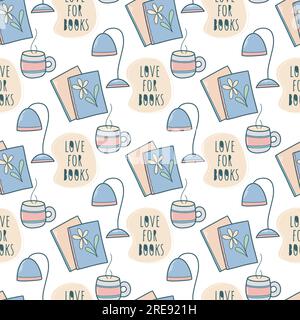Reading books seamless pattern. Background with books, cup and table lamp. Love for books print for bookstore, packaging, wallpaper and design, vector Stock Vector