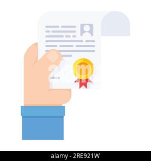 Hand holding winning certificate. certified person or educational document concept. vector illustration Stock Vector