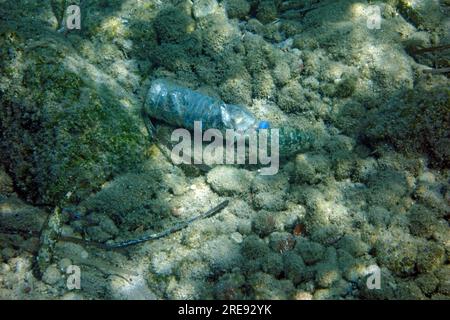 Empty plastic water bottle on sea bed, Tilos, Dodecanese Islands, Southern Aegean, Greece. Stock Photo