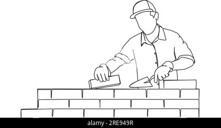 continuous single line drawing of mason building wall, bricklaying line art vector illustration Stock Vector