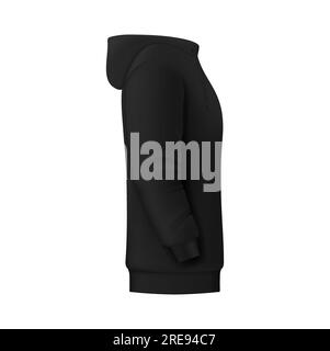 Black hoodie, sweatshirt vector mockup for men and boys side view. Isolated hoody with long sleeves, kangaroo pocket and drawstrings. Realistic 3d mock up of sports or casual or urban clothing model Stock Vector