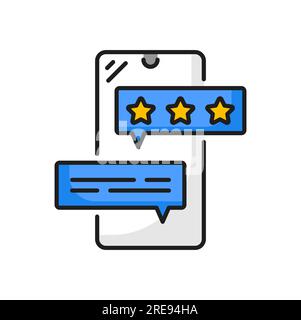 Quality rating star bubbles on mobile phone icon, customer review and feedback. Vector online chat speech bubbles with user experience or customer satisfaction rank stars of good or bad quality level Stock Vector