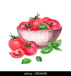 A composition with fresh red tomatoes in bowl and basil. Watercolor illustration isolated for clipart menu label package Stock Photo